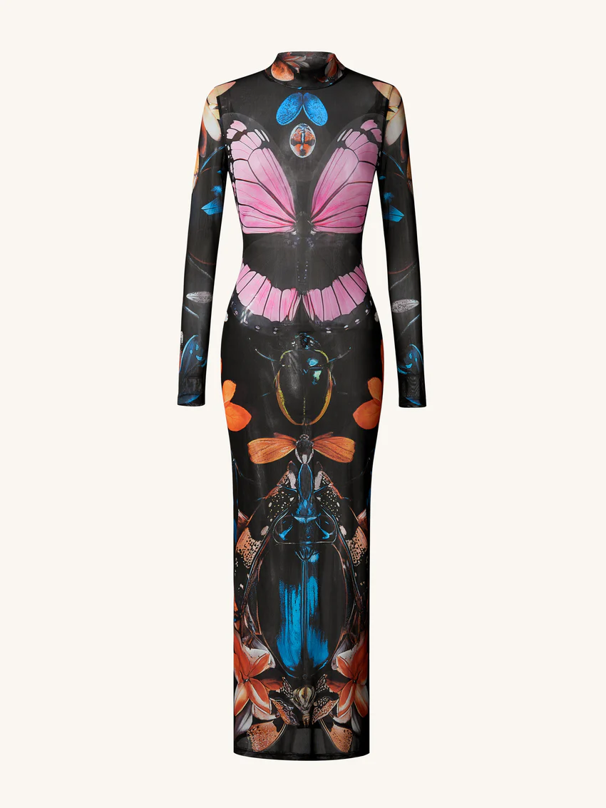 Sheer Butterfly and Beetle Gown - Multicolor