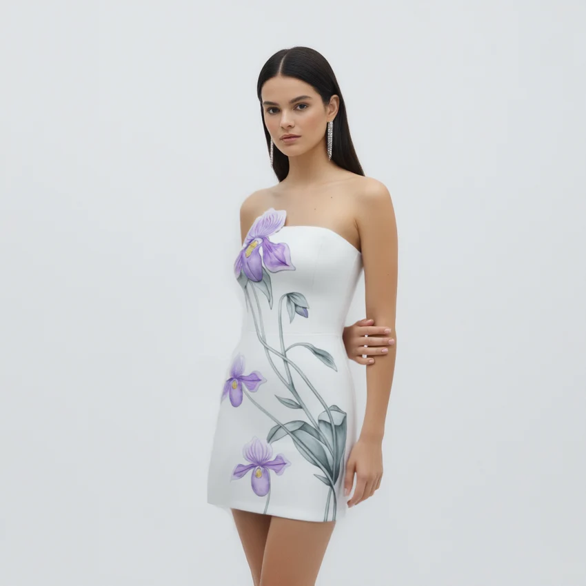 Slipper Orchid Appliqué Mini Dress - White
