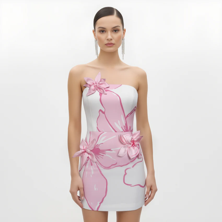 Mini Dress with Pink Floral Appliqués - White/Pink