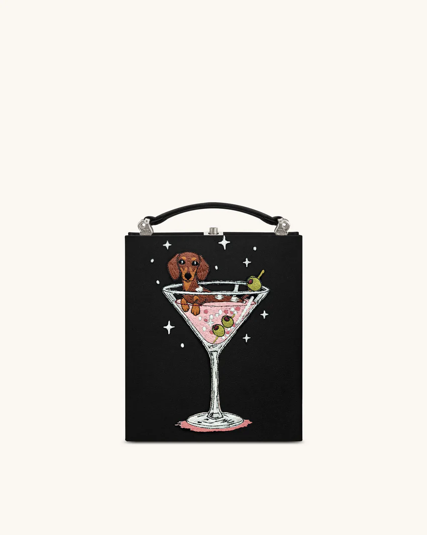 Taya Wine Glass Puppy Pattern Book Shape Clutch Bag - Black