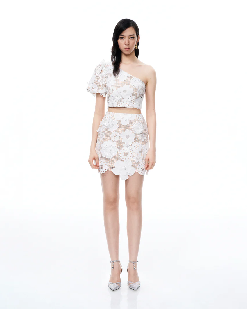 Ophelia One-shoulder Embroidered Iace Dress Suit - White