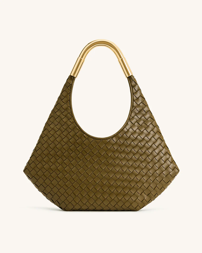 Olivia Hand-Woven Metal Handle Hobo Bag - Olive Green