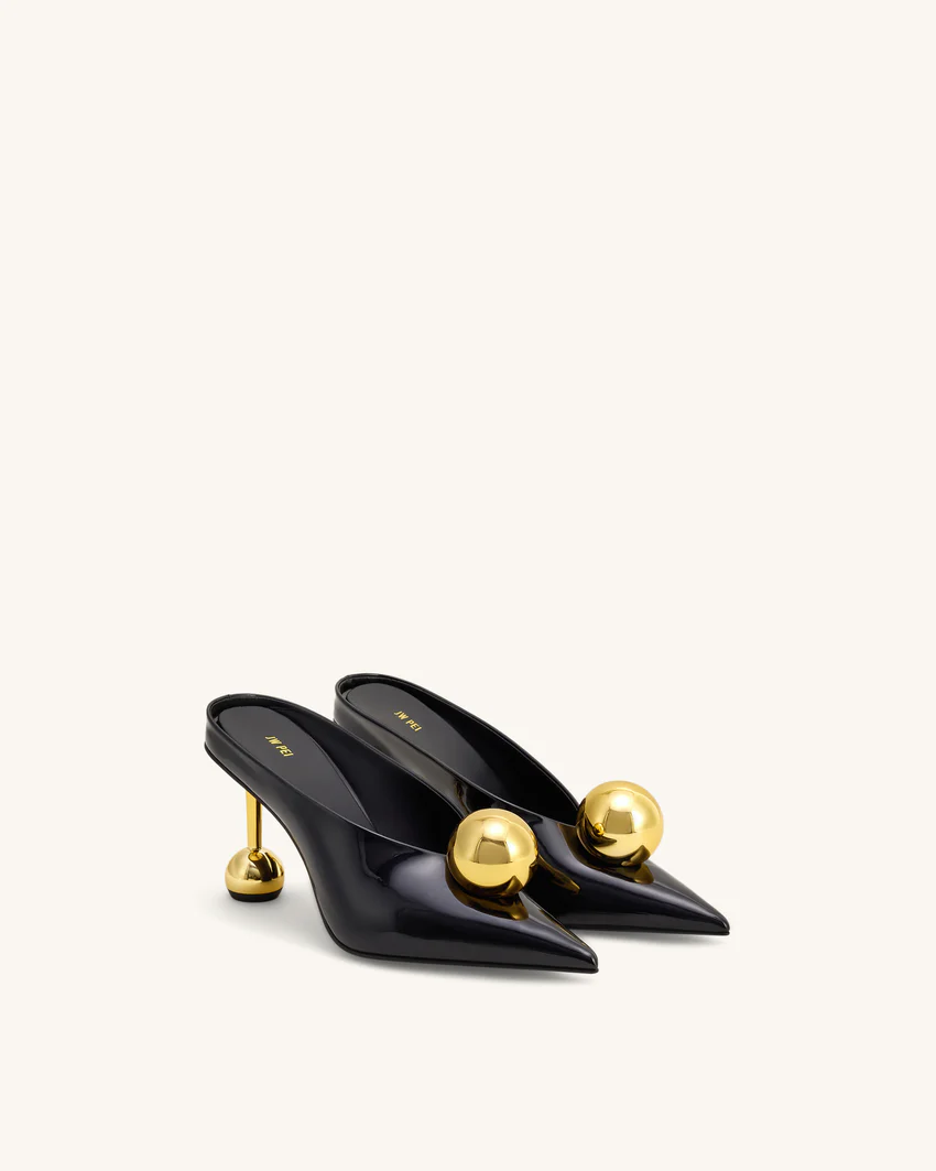 Sofia Angled Vamp Heel Mules - Black & Gold