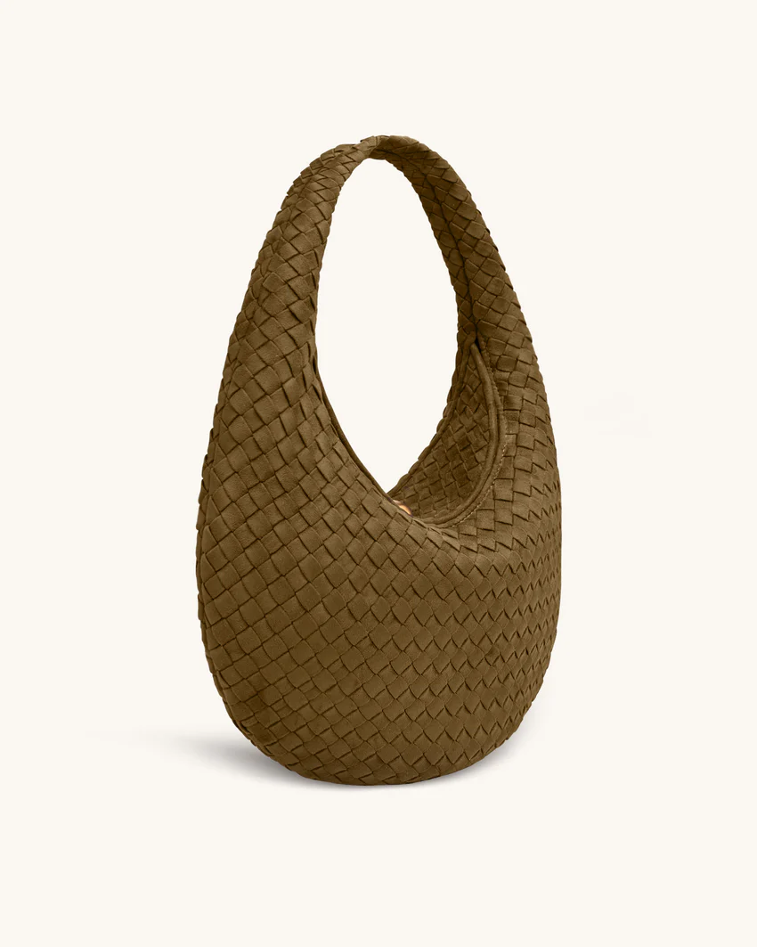 Nola Faux Suede Woven Hobo Shoulder Bag - Olive Green