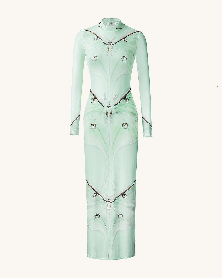 Moth Sheer Mesh Gown - Green/Beige