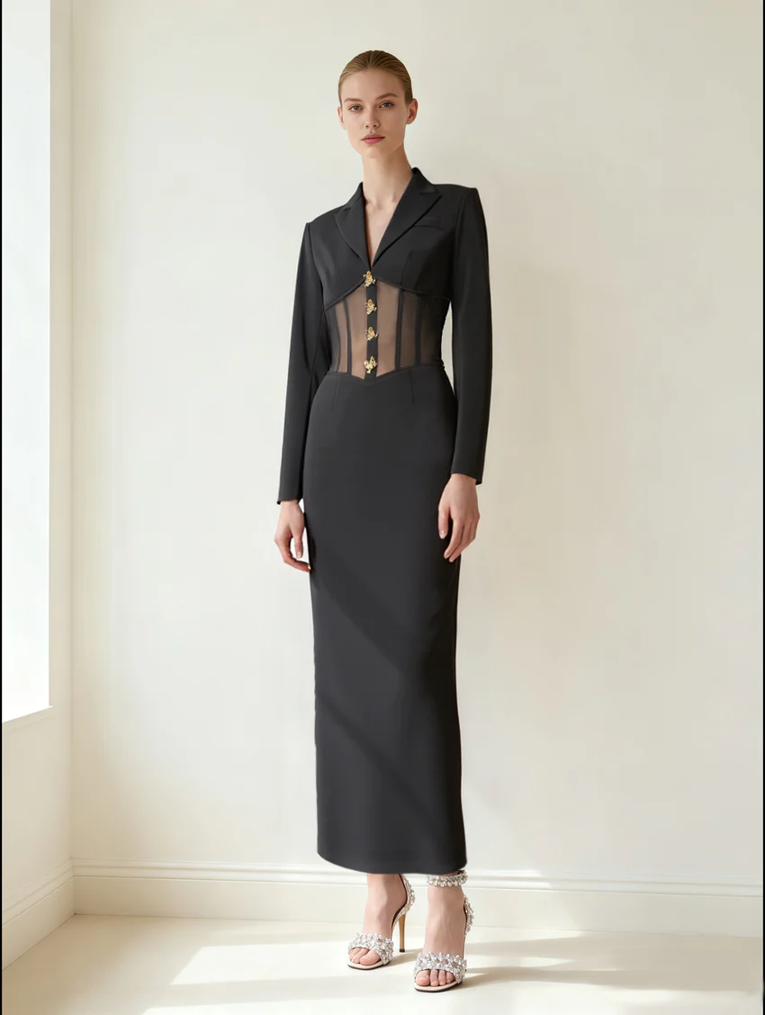 Sheer Boned Corset Waist Blazer Maxi Dress - Black
