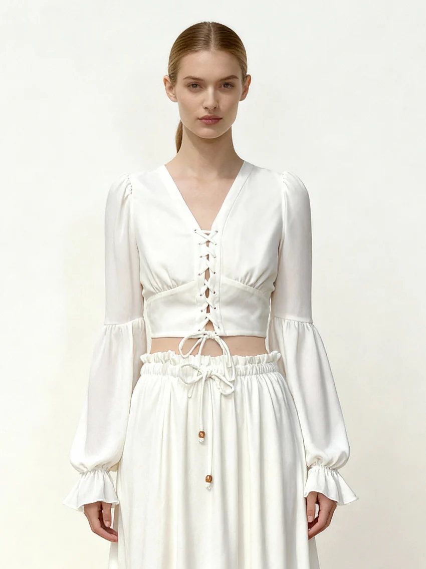 Chiffon Lantern-Sleeve Tie-Front Cropped Blouse - White