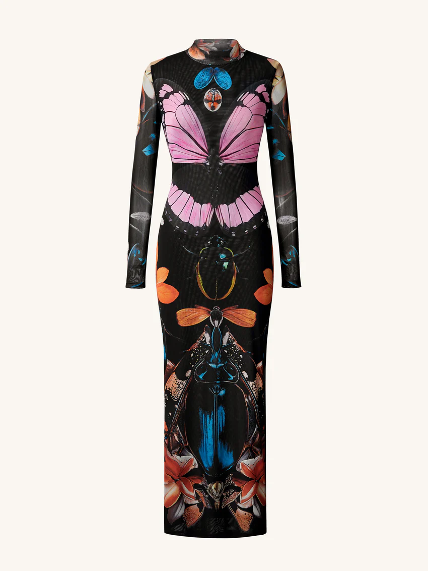 Double-layered Mesh Sheer Butterfly and Beetle Gown - Multicolor