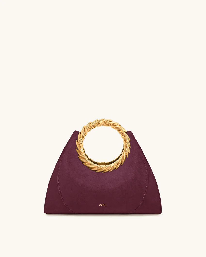 Amiya Leaf Handle Faux Suede Sculpture Bag - Merlot Red