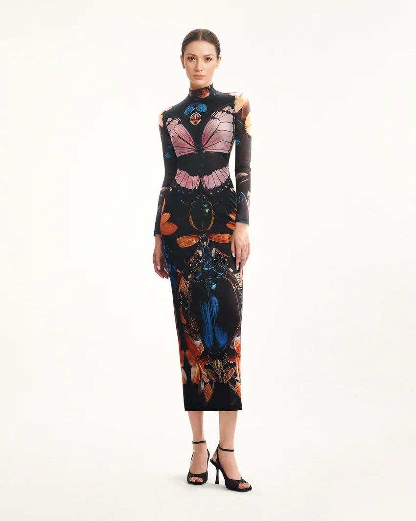 Double-layered Mesh Sheer Butterfly and Beetle Gown - Multicolor