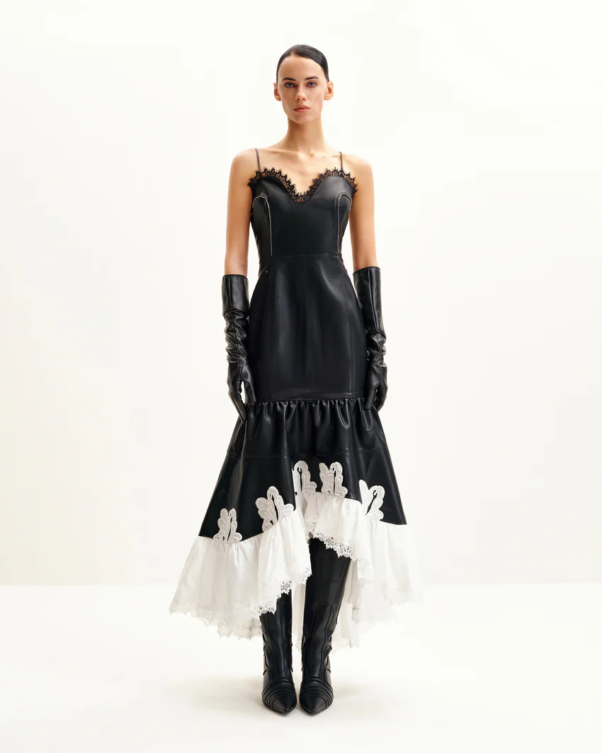 Zora Lace Trim Leather Dress - Black