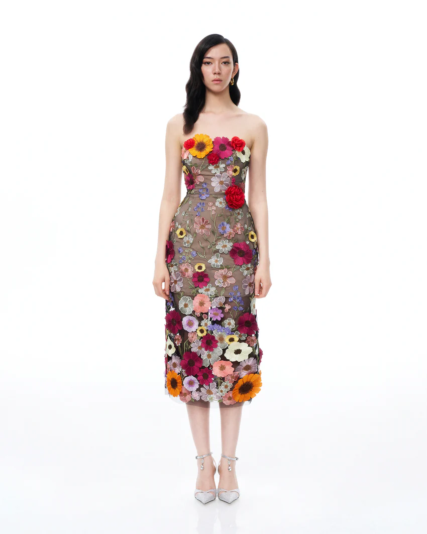 Isolde 3D Floral Embroidered Maxi Dress - Black Multi