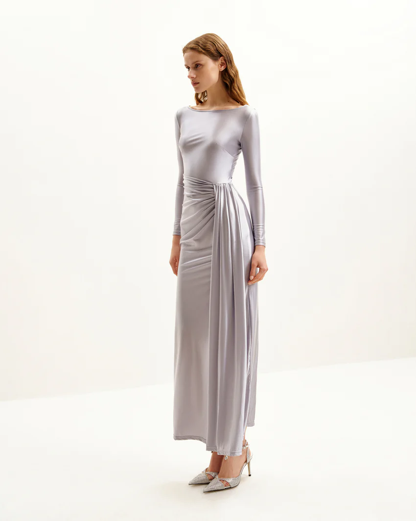 Amara Metallic Ruched Dress - Silver