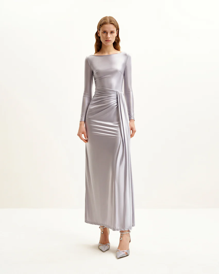 Amara Metallic Ruched Dress - Silver