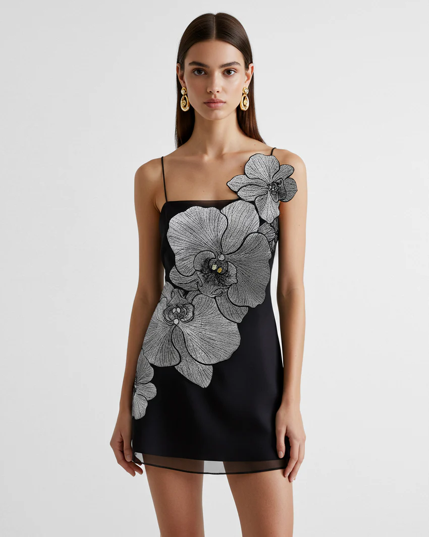 Orchid Appliqué Mini Dress - Black/Silver