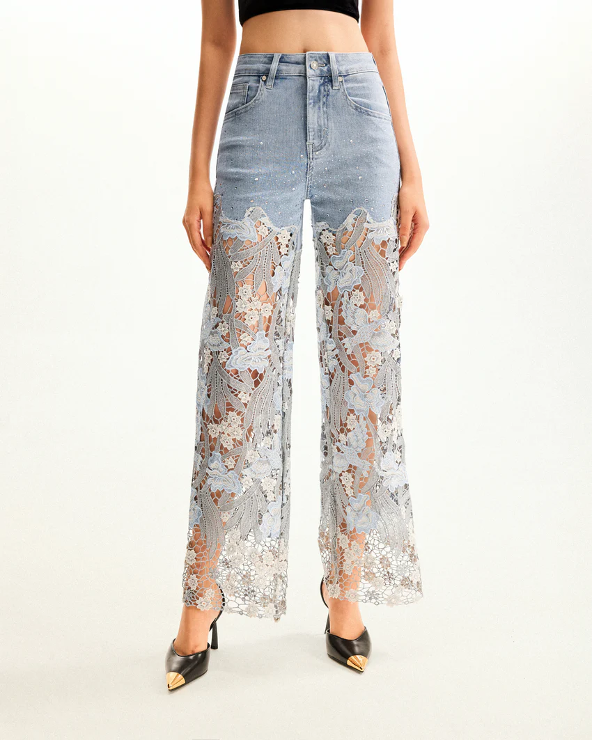 Embroidery High Rise Wide Leg Lace Denim Jeans With Rhinestone - Light Blue