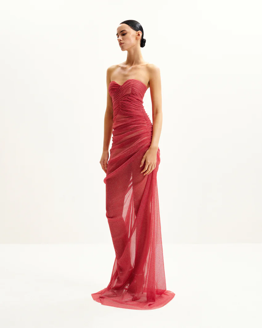 Mia Strapless Sheer Glitter Gown - Scarlet