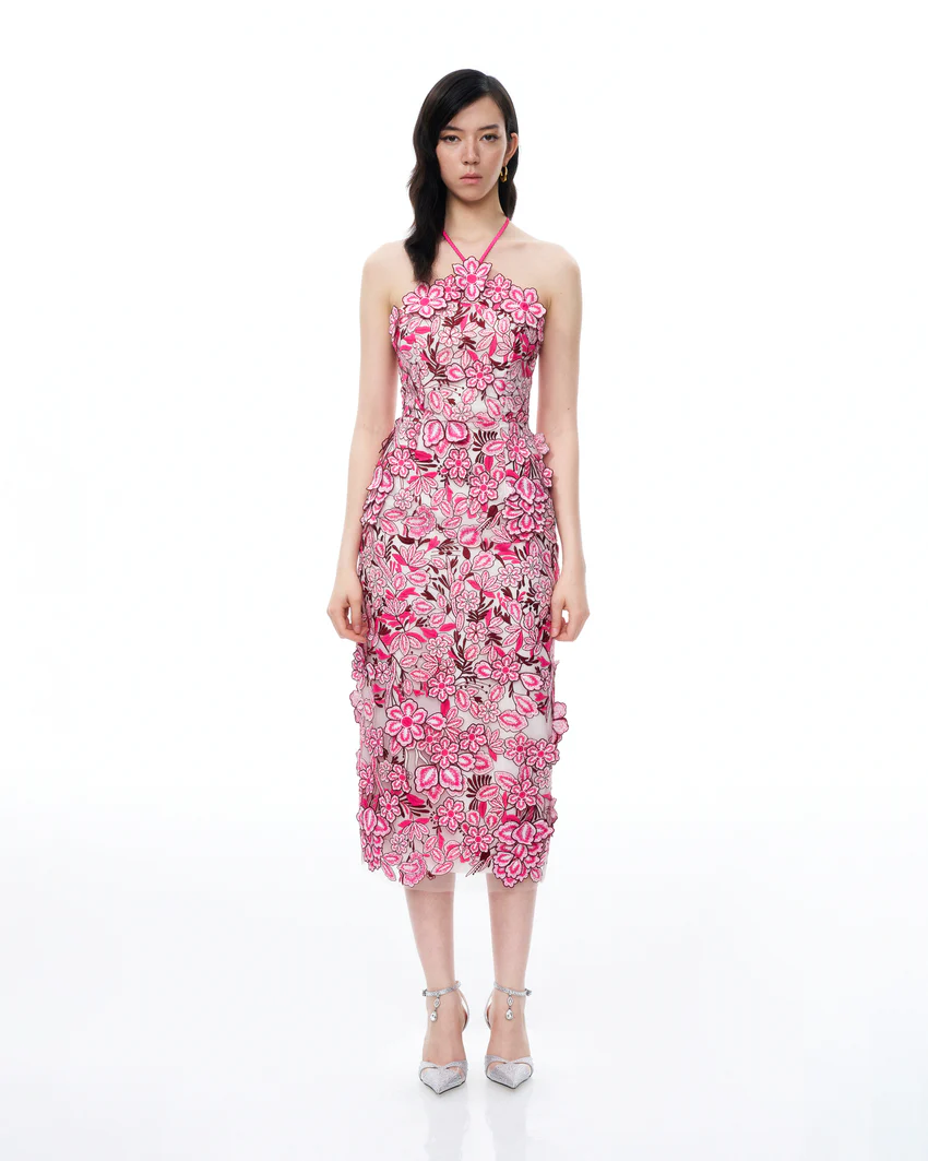 Fiora Halter Neck Floral Embroidered Maxi Dress - Rose Red