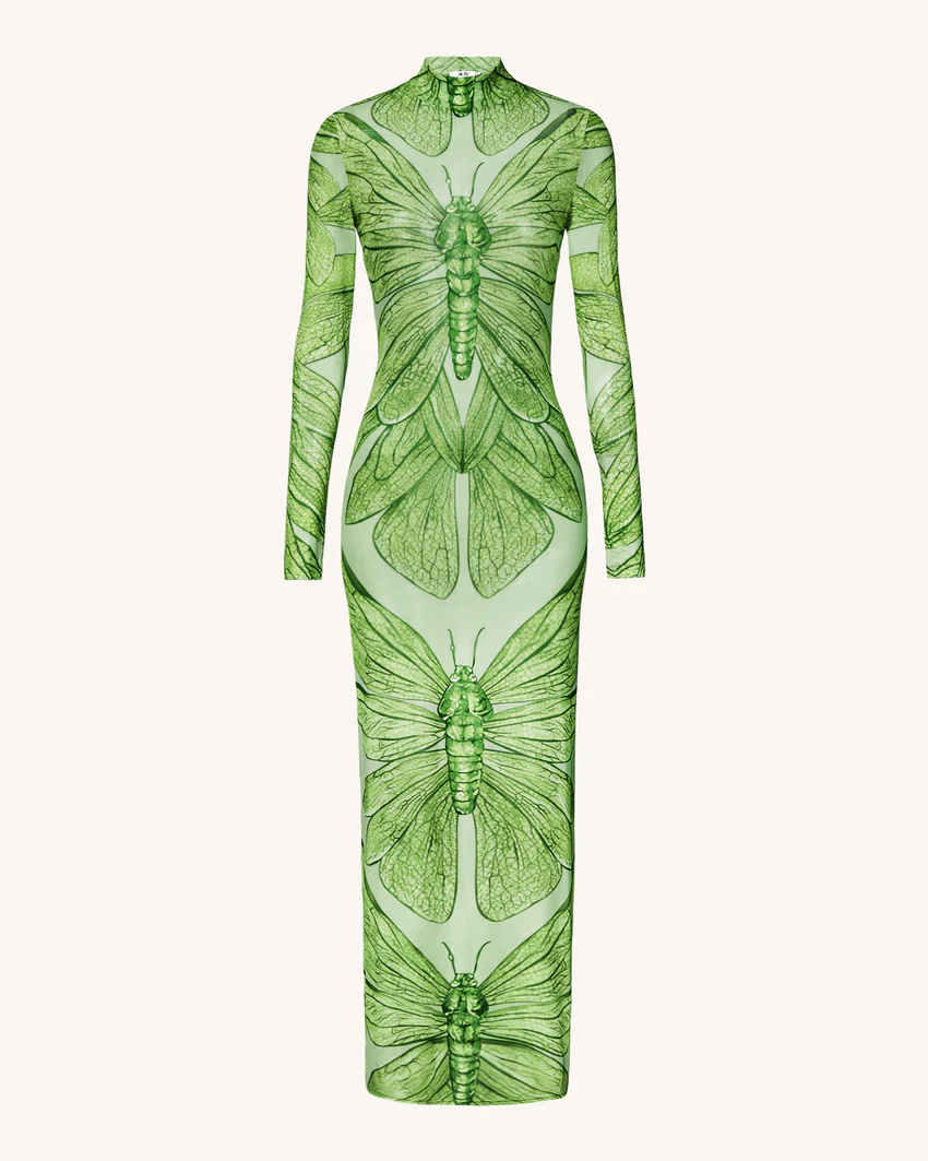 Emerald Dragonfly Sheer Mesh Gown - Green
