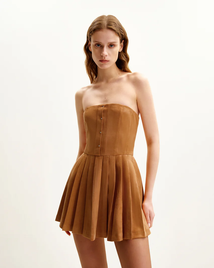 Ellie Pleated Velvet Dress - Caramel